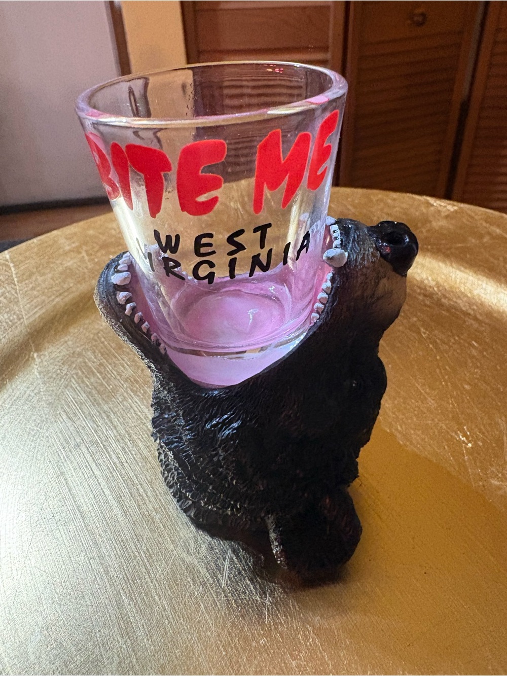 West Virginia 'Bite Me' Bear Shot Glass Holder - Black & Pink